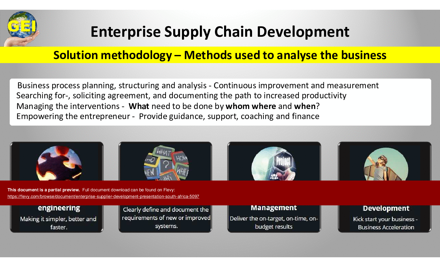 This is a partial preview of Enterprise Supplier Development Presentation South Africa (35-slide PowerPoint presentation (PPTX)). Full document is 35 slides. 