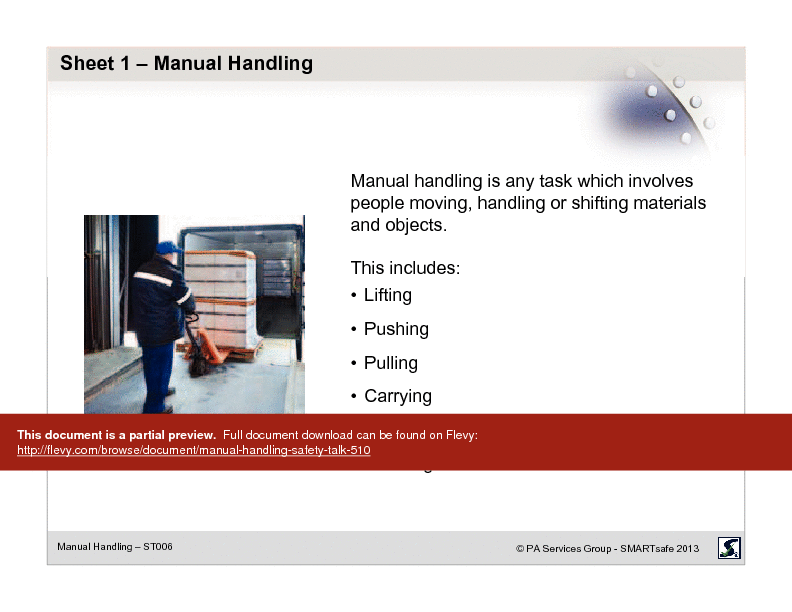 Manual Handling - Safety Talk (21-page PDF document) Preview Image