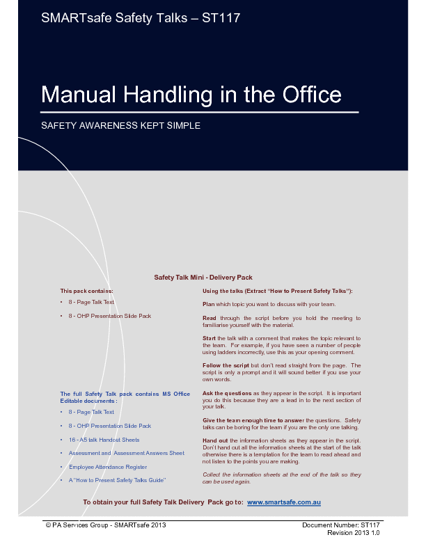 This is a partial preview of Manual Handling in the Office - Safety Talk (20-page PDF document). Full document is 20 pages. 