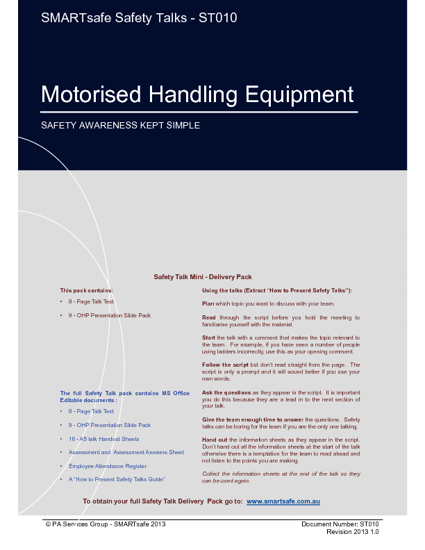 This is a partial preview of Motorised Handling Equipment - Safety Talk (21-page PDF document). Full document is 21 pages. 