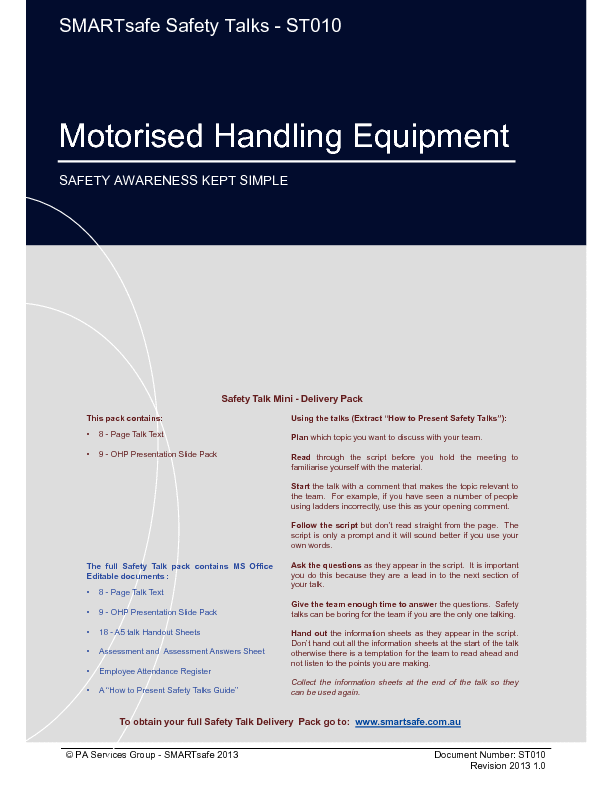 Motorised Handling Equipment - Safety Talk (21-page PDF document) Preview Image