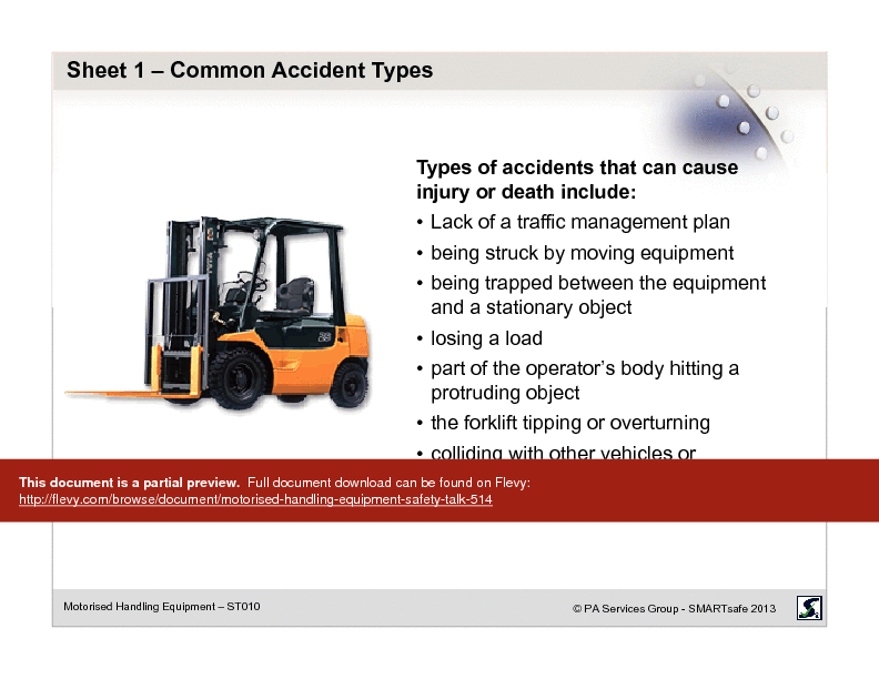 This is a partial preview of Motorised Handling Equipment - Safety Talk (21-page PDF document). Full document is 21 pages. 