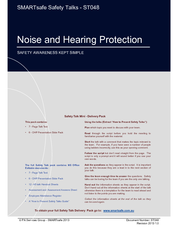 This is a partial preview of Noise and Hearing Protection - Safety Talk (17-page PDF document). Full document is 17 pages. 