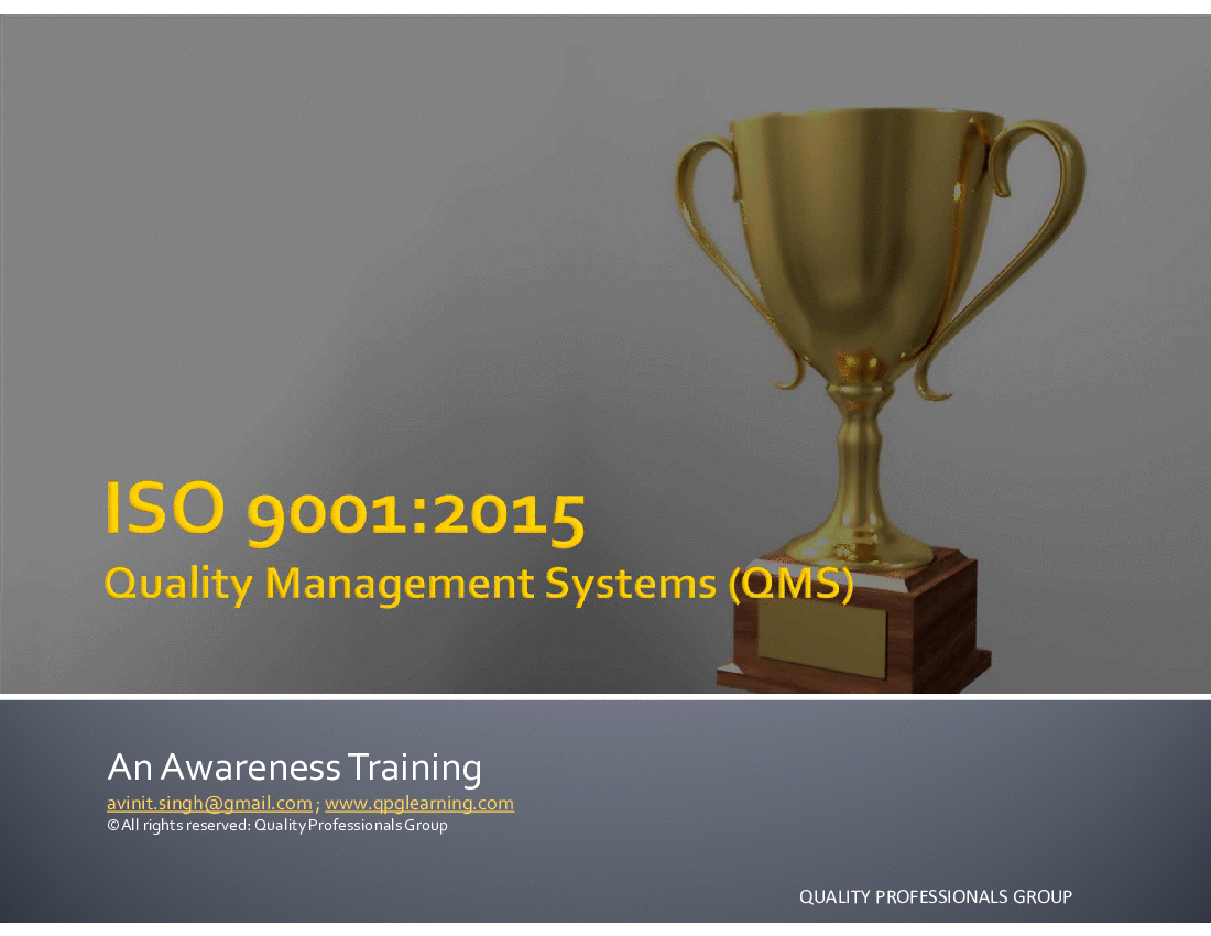 This is a partial preview of ISO 9001:2015 (QMS) - Awareness Training (with Tutor Notes) (35-slide PowerPoint presentation (PPTX)). Full document is 35 slides. 