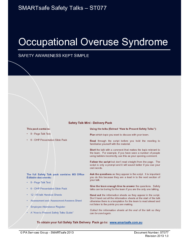 This is a partial preview of Occupational Overuse Syndrome - Safety Talk (18-page PDF document). Full document is 18 pages. 