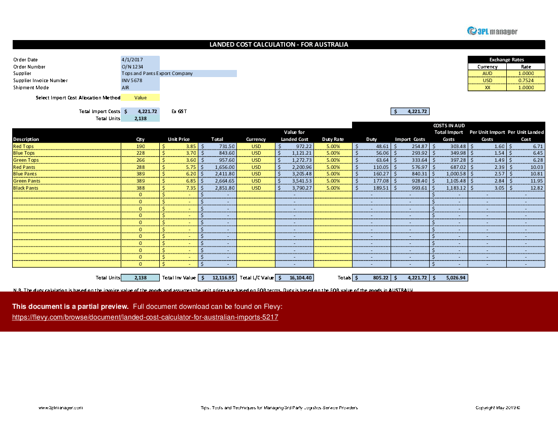 Landed Cost Calculator for Australian Imports (Excel template (XLSX)) Preview Image