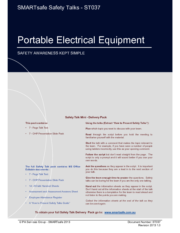 This is a partial preview of Portable Electrical Equipment - Safety Talk (18-page PDF document). Full document is 18 pages. 