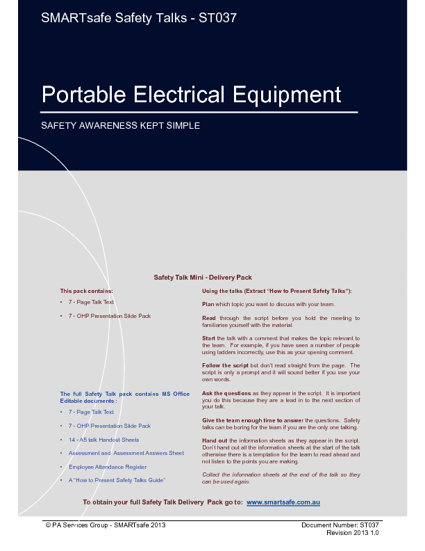 Portable Electrical Equipment - Safety Talk (18-page PDF document) Preview Image