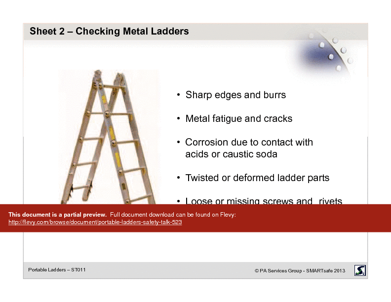 This is a partial preview of Portable Ladders - Safety Talk (18-page PDF document). Full document is 18 pages. 