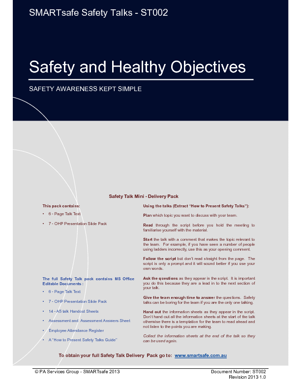 This is a partial preview of Safety and Health Objectives - Safety Talk (17-page PDF document). Full document is 17 pages. 