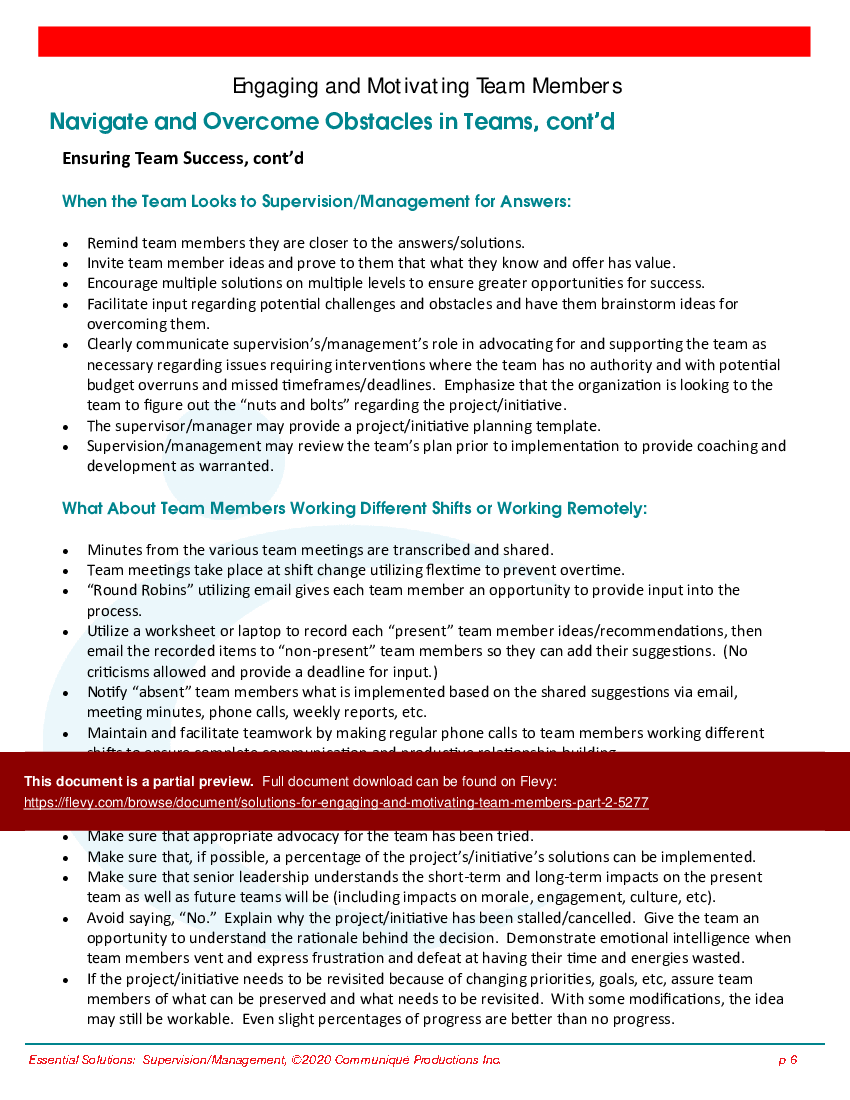 This is a partial preview of Solutions for Engaging and Motivating Team Members:  Part 2 (13-page PDF document). Full document is 13 pages. 