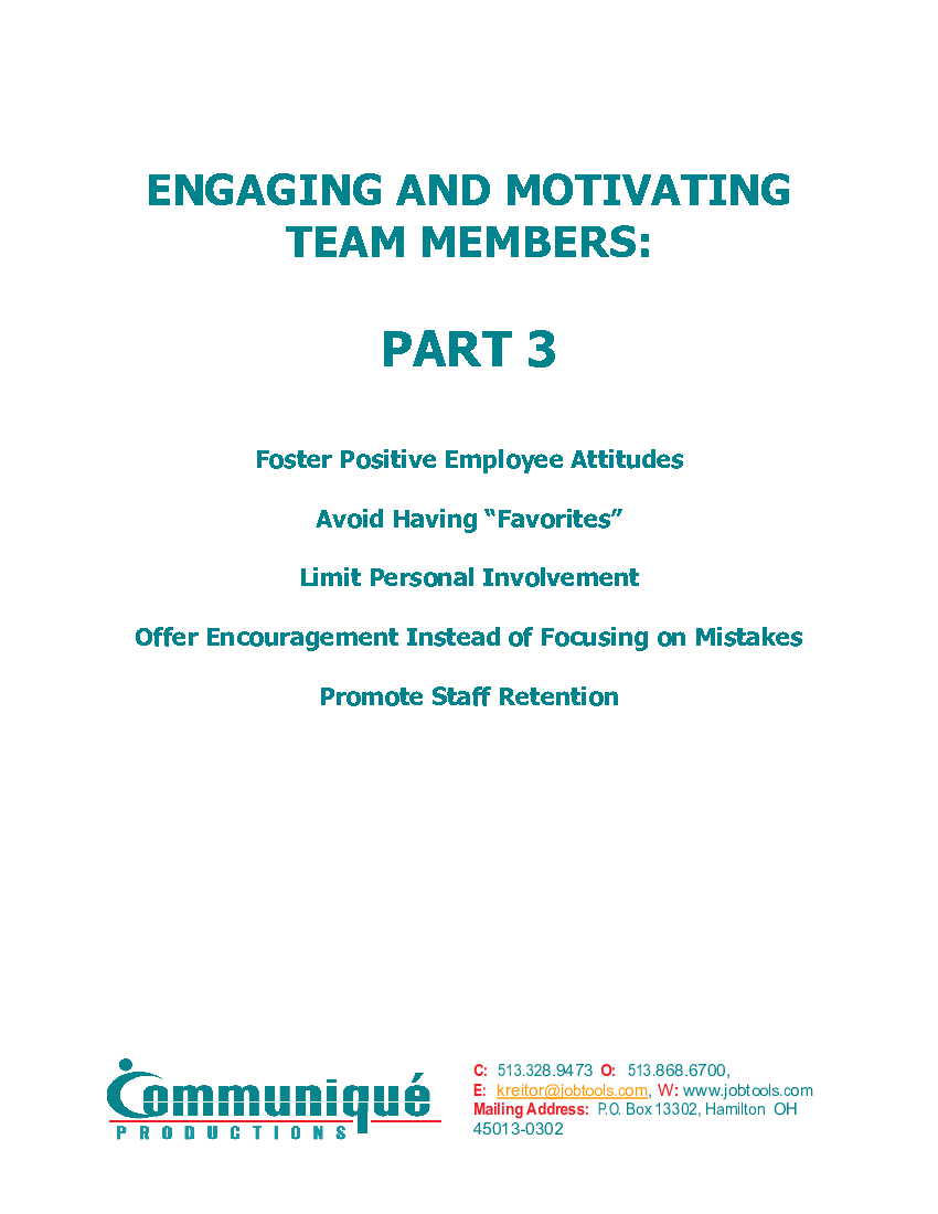 This is a partial preview of Solutions for Engaging and Motivating Team Members:  Part 3 (13-page PDF document). Full document is 13 pages. 