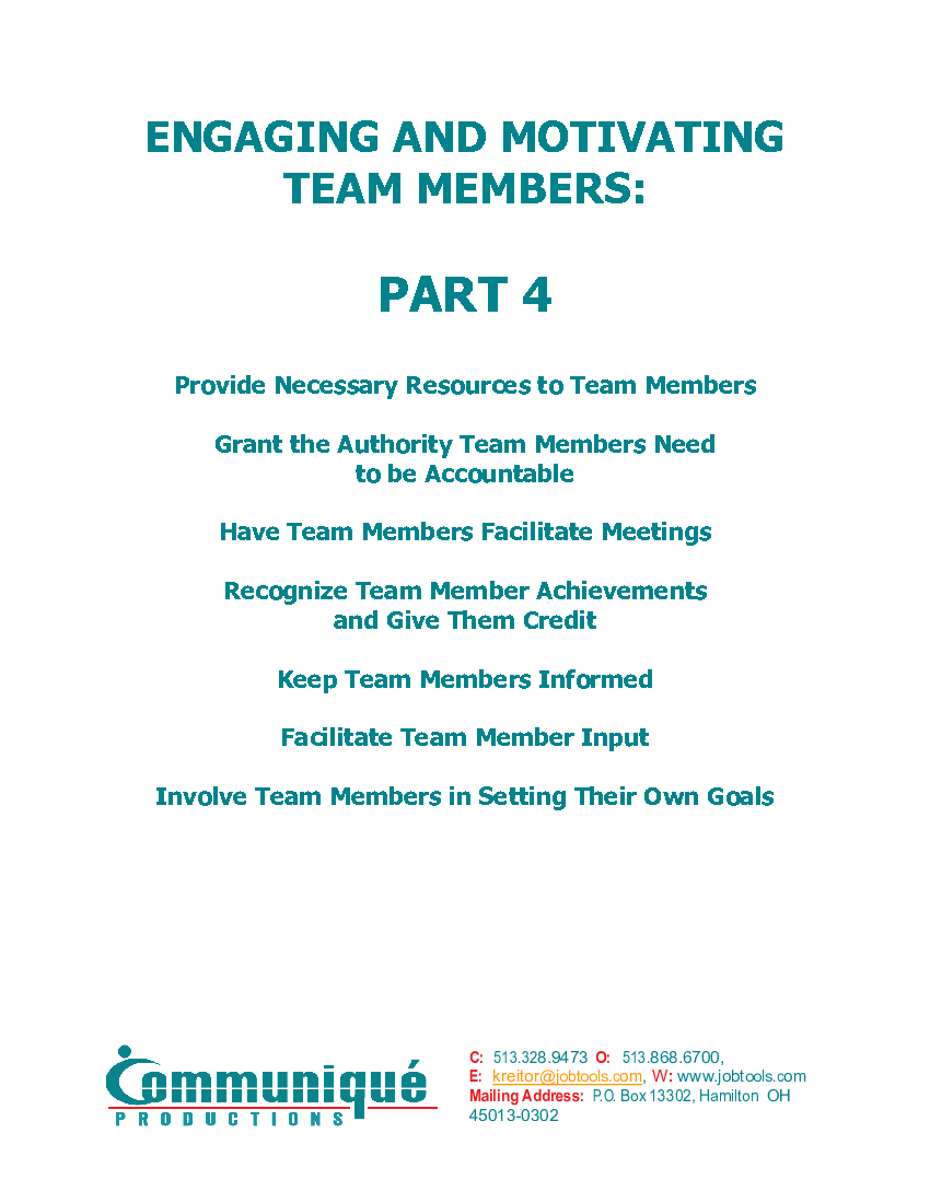 This is a partial preview of Solutions for Engaging and Motivating Team Members:  Part 4 (20-page PDF document). Full document is 20 pages. 