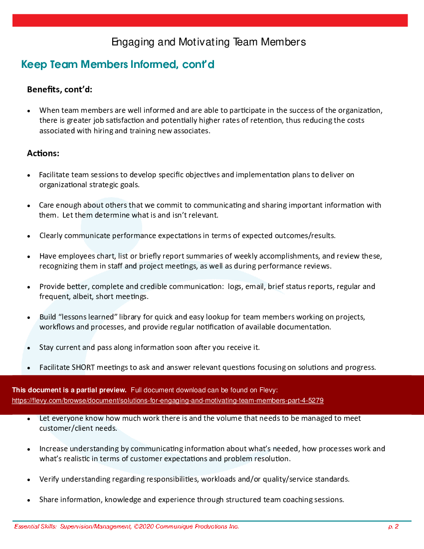 This is a partial preview of Solutions for Engaging and Motivating Team Members:  Part 4 (20-page PDF document). Full document is 20 pages. 