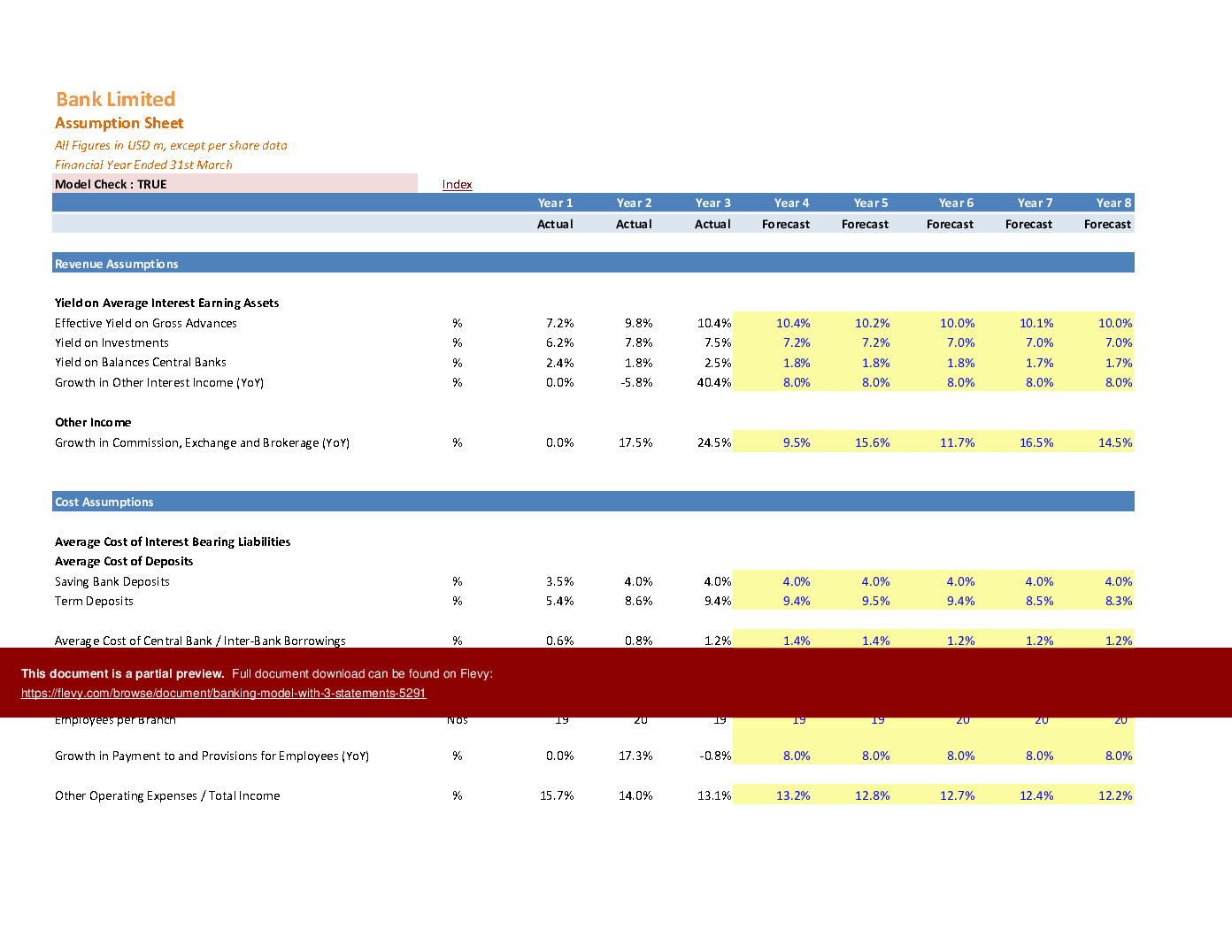 This is a partial preview of Banking Model with 3 Statements (Excel workbook (XLSM)). 