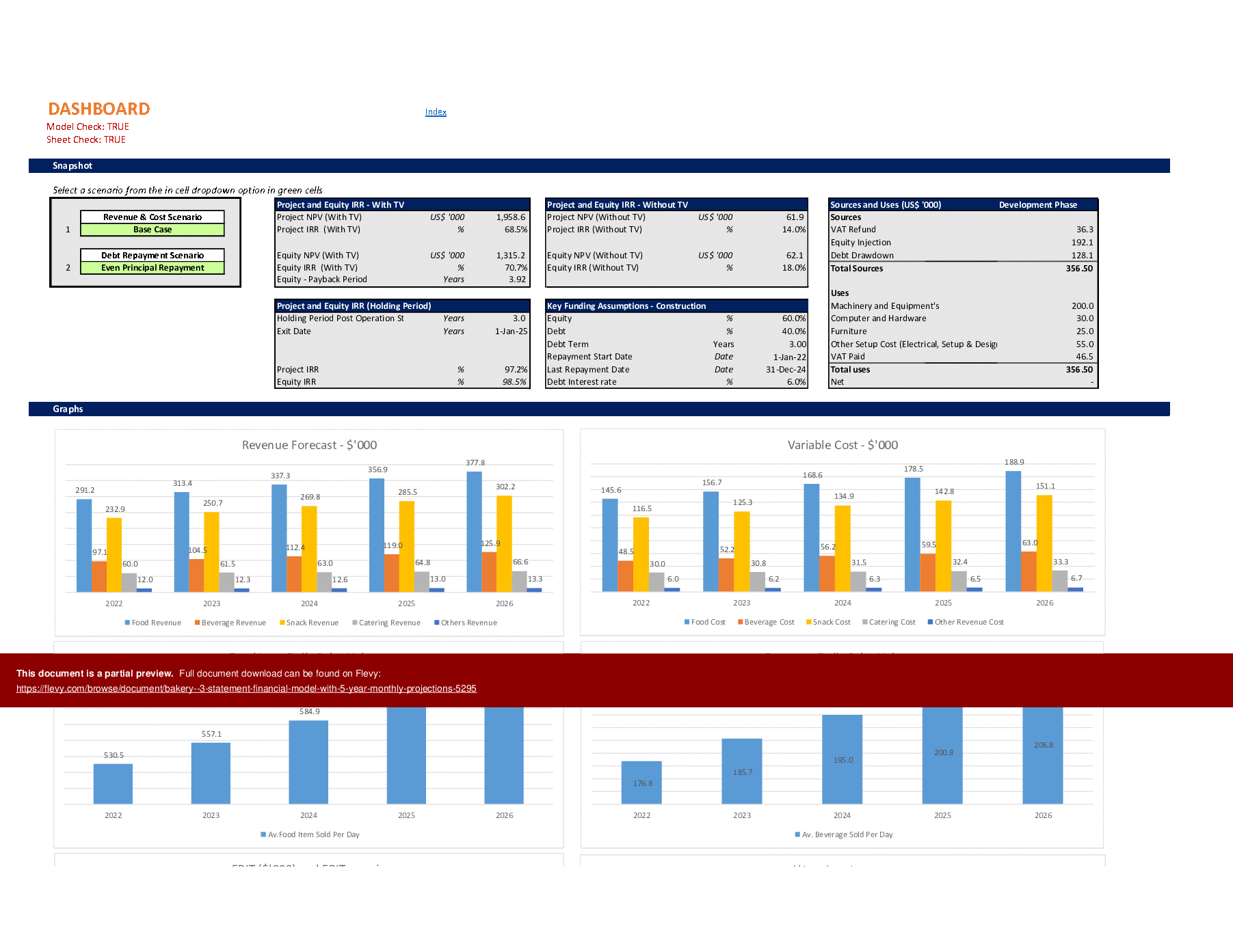 Bakery - 3 Statement Financial Model with 5-Year Monthly Projections (Excel template (XLSM)) Preview Image