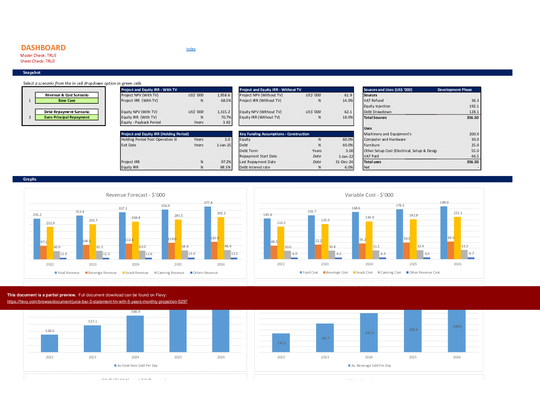 This is a partial preview of Juice Bar - 3 Statement Financial Model with 5-Year Monthly Projection (Excel workbook (XLSM)). 