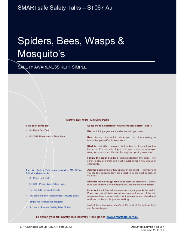 This is a partial preview of Spiders, Bees, Wasps and Mosquito's - Safety Talk (18-page PDF document). Full document is 18 pages. 
