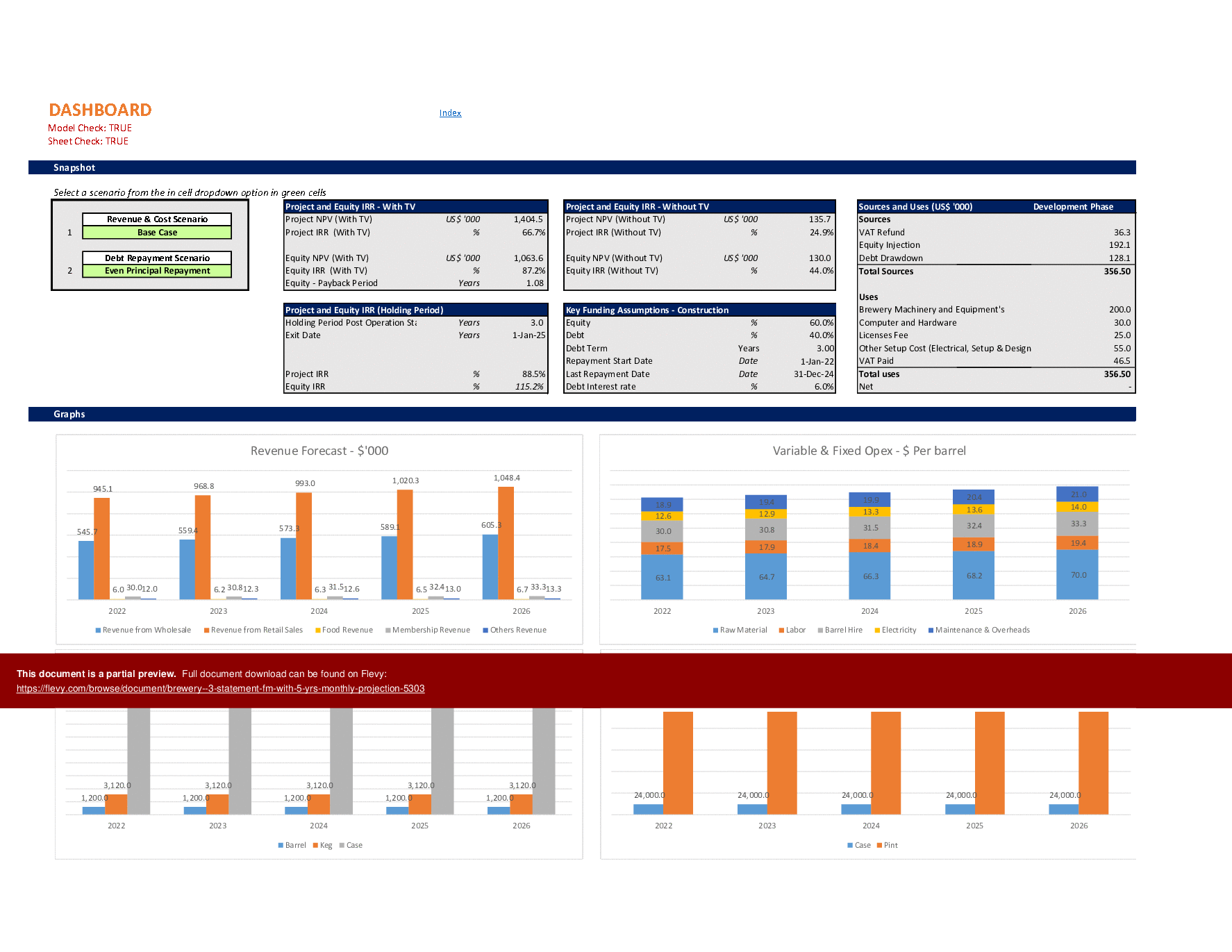 This is a partial preview of Brewery - 3 Statement Financial Model with 5-Year Monthly Projection (Excel workbook (XLSM)). 