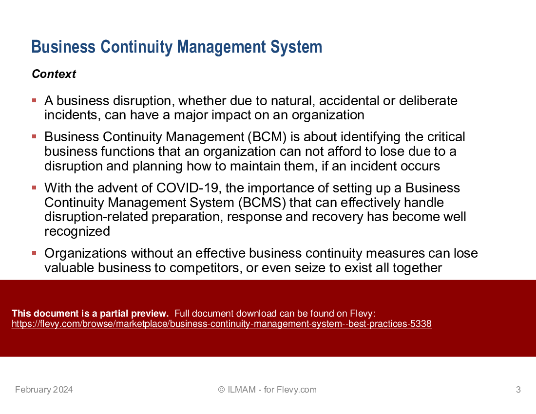 This is a partial preview of Business Continuity Management System - Best Practices (29-slide PowerPoint presentation (PPTX)). Full document is 29 slides. 