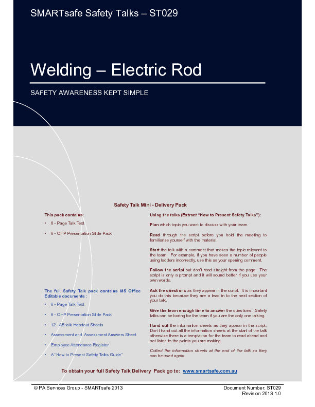 Welding - Electric Rod - Safety Talk (16-page PDF document) Preview Image