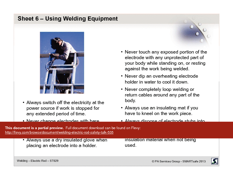 Welding - Electric Rod - Safety Talk (16-page PDF document) Preview Image