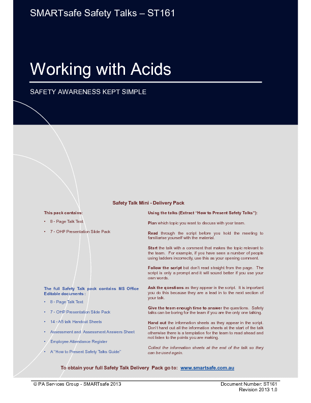 This is a partial preview of Working with Acids - Safety Talk (19-page PDF document). Full document is 19 pages. 