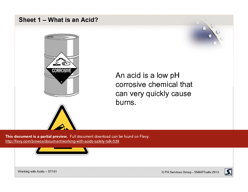 This is a partial preview of Working with Acids - Safety Talk (19-page PDF document). Full document is 19 pages. 