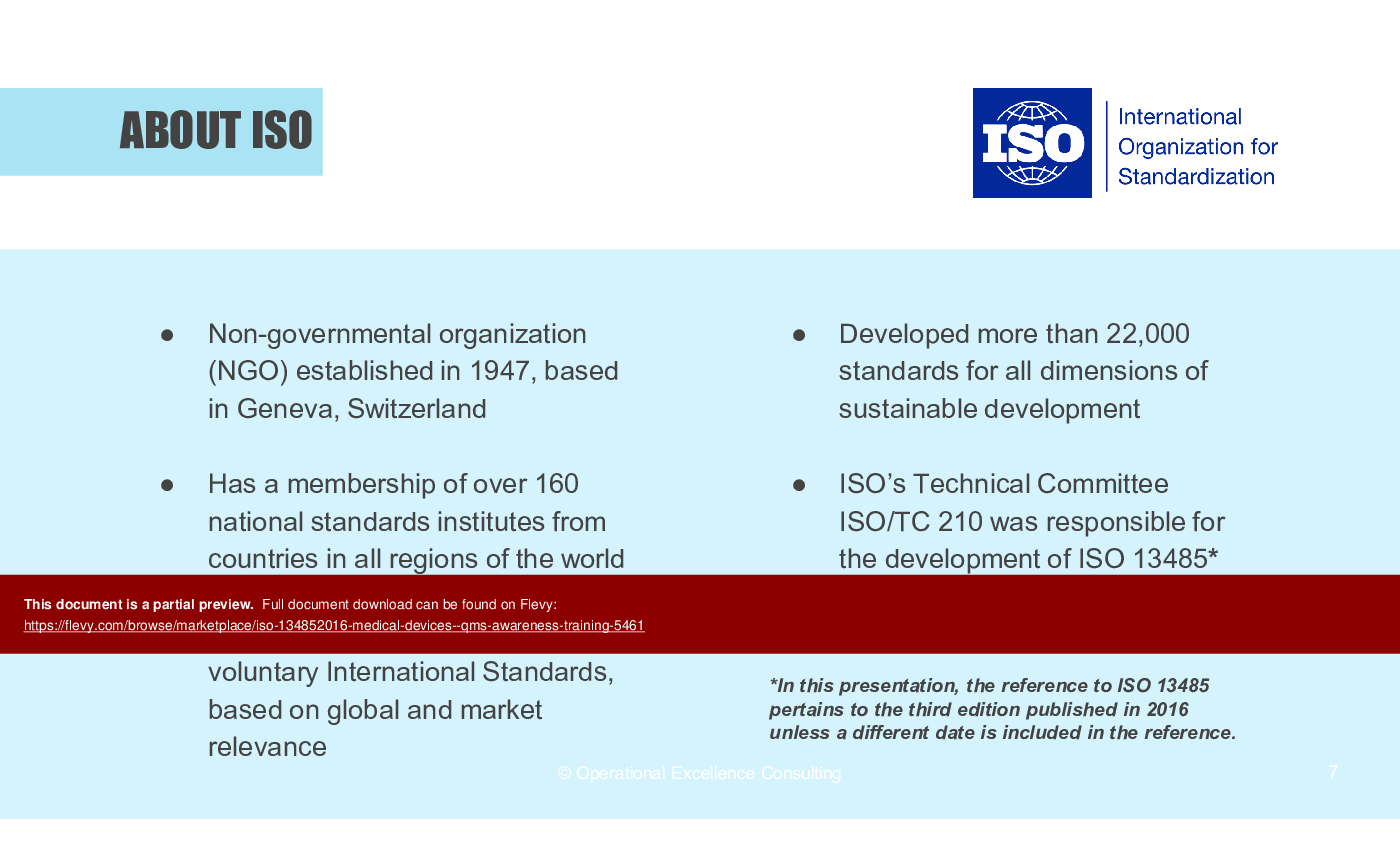 This is a partial preview of ISO 13485:2016 (Medical Devices - QMS) Awareness Training (67-slide PowerPoint presentation (PPTX)). Full document is 67 slides. 