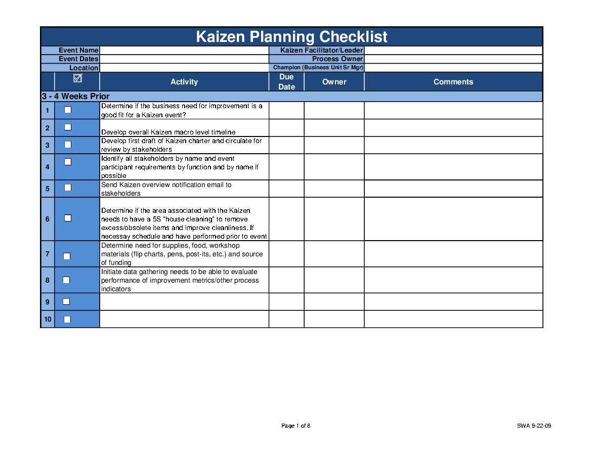 Kaizen Planning and Chartering Tool