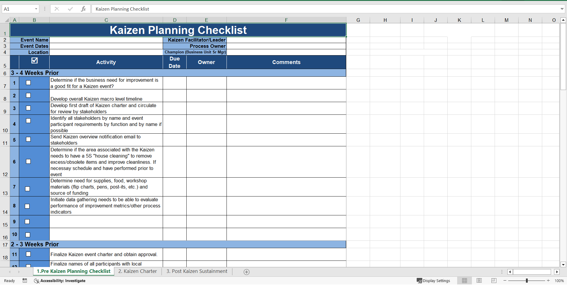 Kaizen Planning and Chartering Tool (Excel template (XLSX)) Preview Image