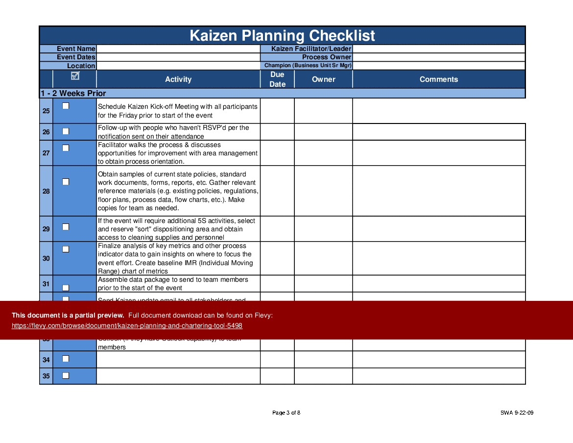 Kaizen Planning and Chartering Tool (Excel workbook (XLSX)) Preview Image