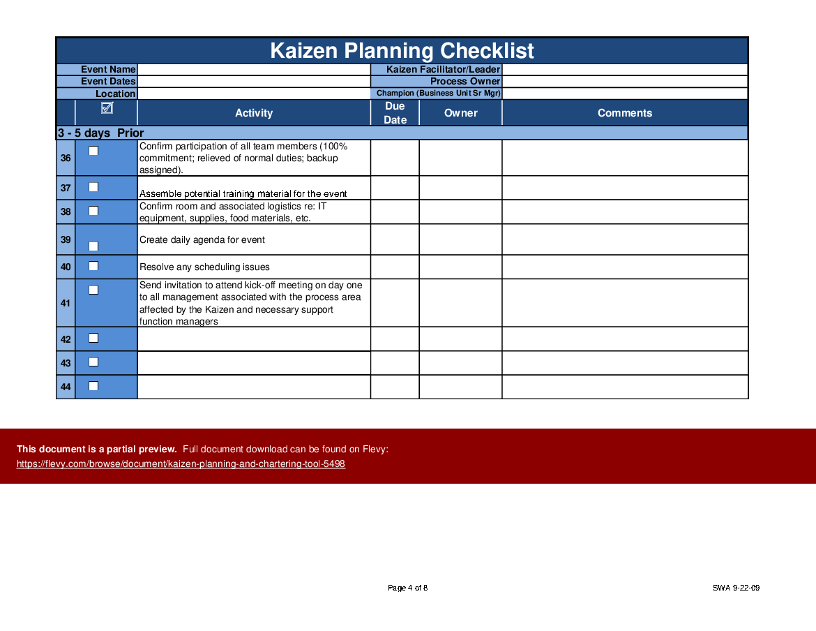 This is a partial preview of Kaizen Planning and Chartering Tool (Excel workbook (XLSX)). 