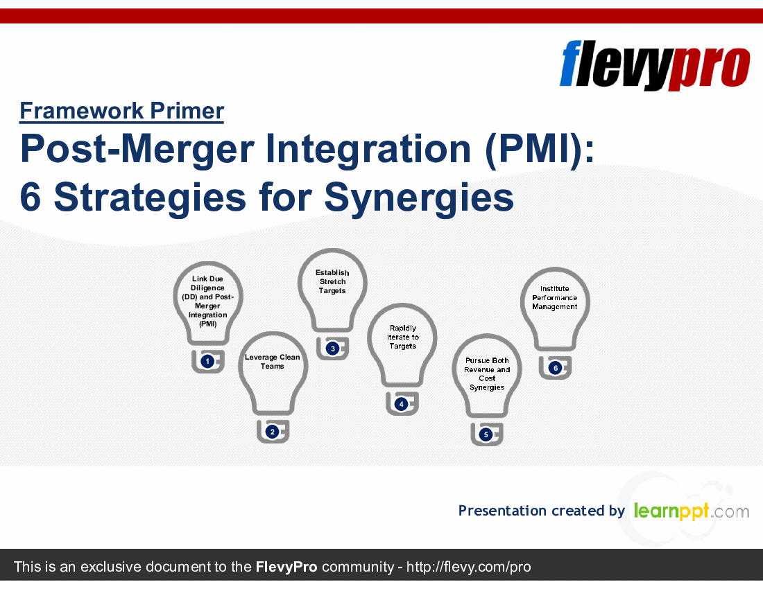 This is a partial preview of Post-Merger Integration (PMI): 6 Strategies for Synergies (25-slide PowerPoint presentation (PPTX)). Full document is 25 slides. 