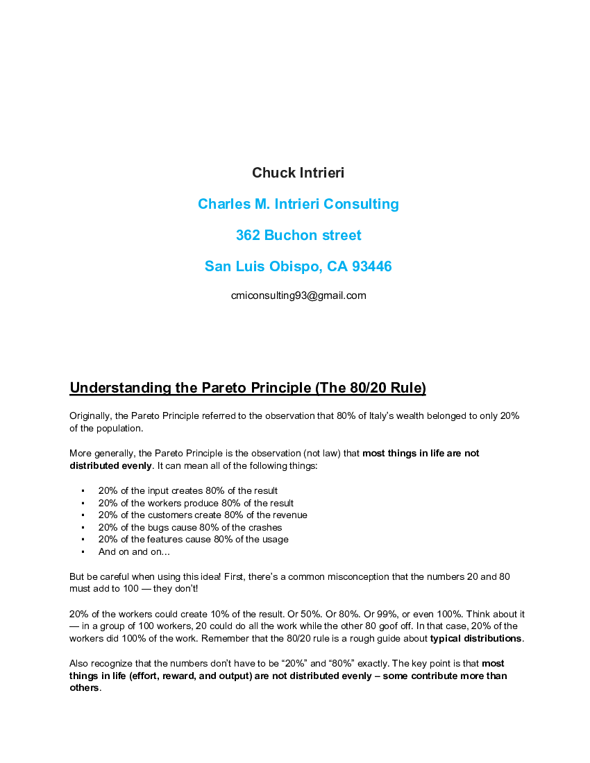 This is a partial preview of Understanding the Pareto Principle (80/20 Rule) (12-page Word document). Full document is 12 pages. 