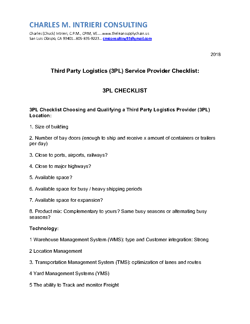 Third Party Logistics (3PL) Service Provider Checklist (10-page Word document) Preview Image