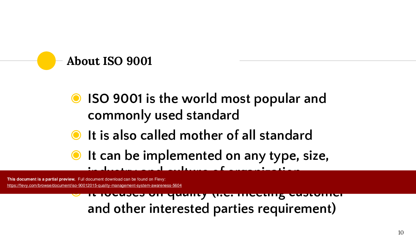 This is a partial preview of ISO 9001:2015 Quality Management System Awareness (100-slide PowerPoint presentation (PPTX)). Full document is 100 slides. 