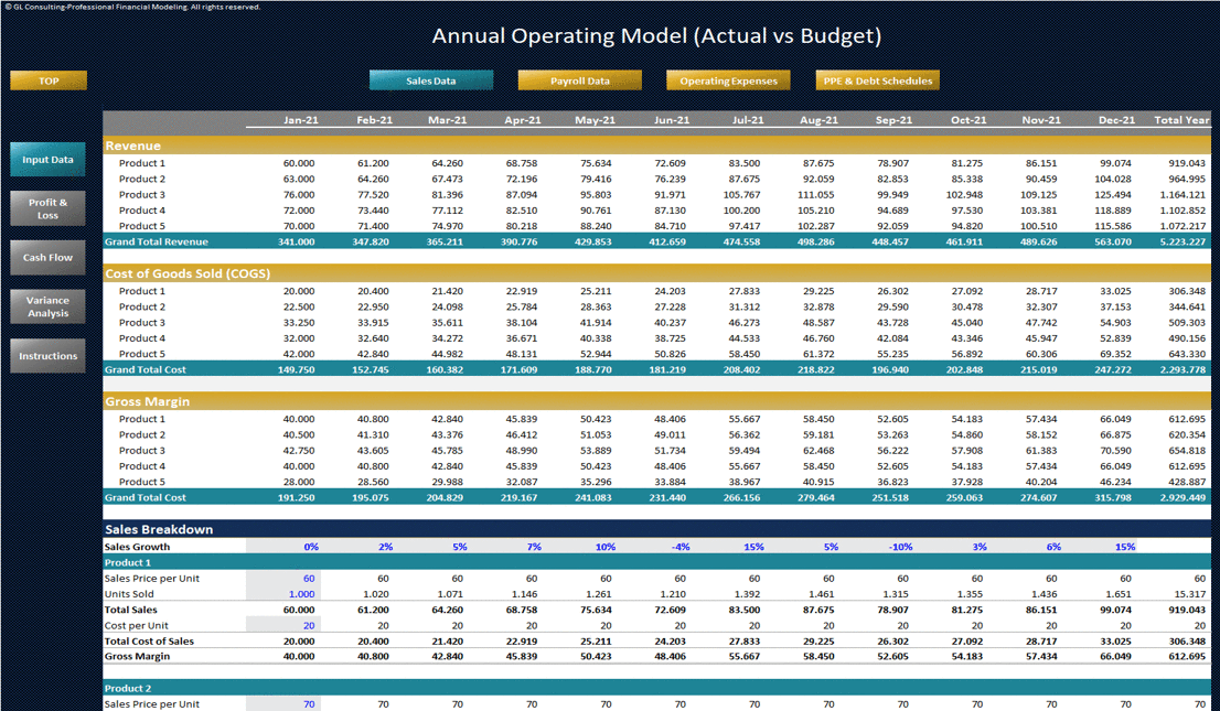 Excel Template Annual Operating Plan Actual vs Budget Template