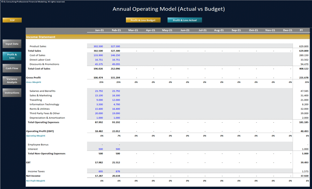 Annual Operating Plan - Actual vs Budget Template (Excel template (XLSX)) Preview Image