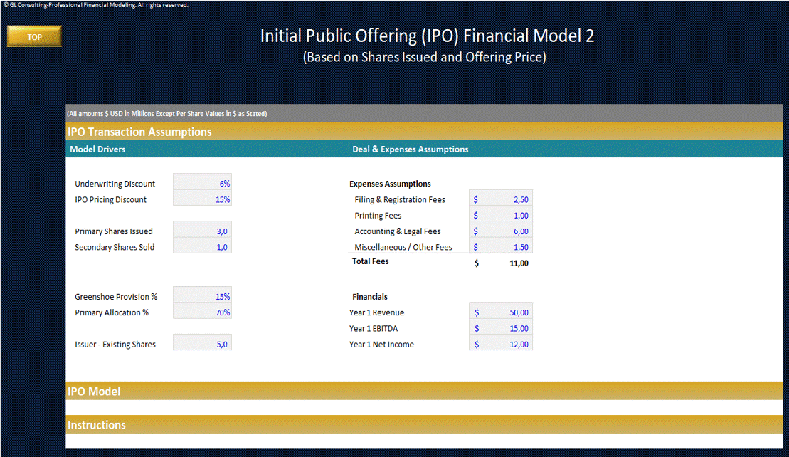 Initial Public Offering (IPO) - Valuation & Financing Models (Excel template (XLSX)) Preview Image