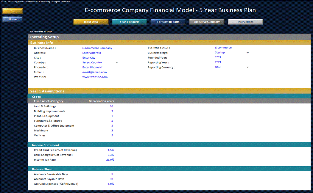 This is a partial preview of E-Commerce Startup Financial Model - 5 Year Business Plan (Excel workbook (XLSX)). 