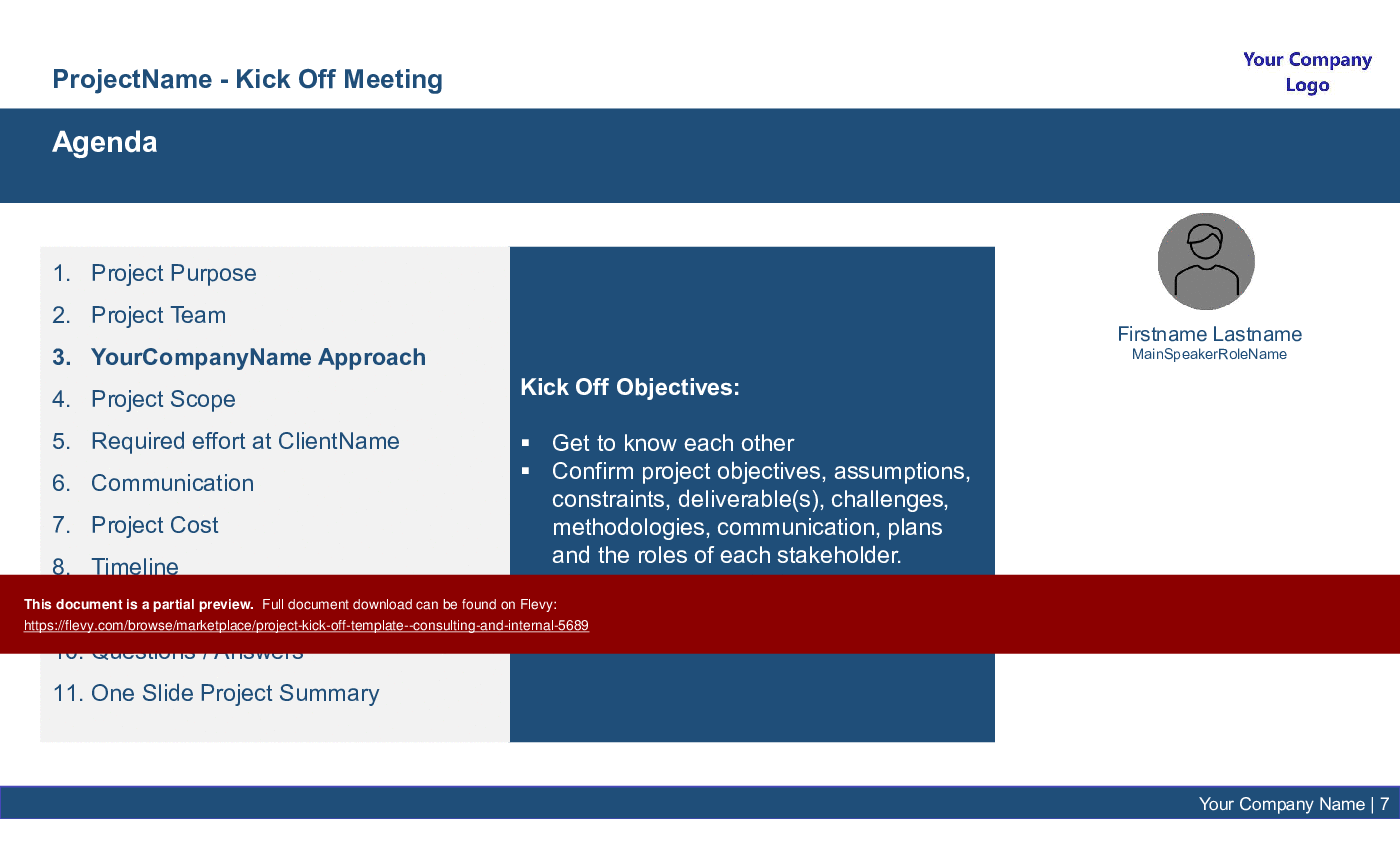 This is a partial preview of Project Kick Off Template - Consulting & Internal (27-slide PowerPoint presentation (PPTX)). Full document is 27 slides. 