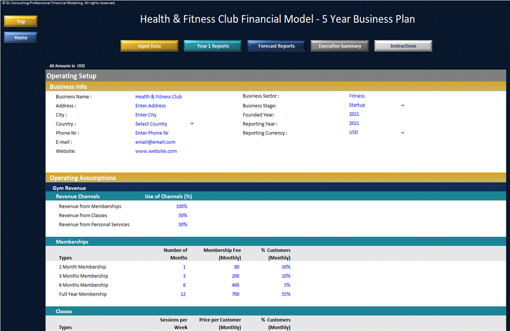 This is a partial preview of Health & Fitness Club Financial Model - 5 Year Business Plan (Excel workbook (XLSX)). 