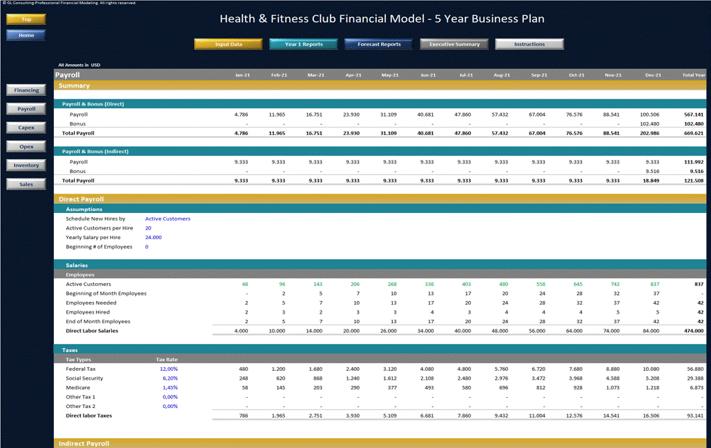 This is a partial preview of Health & Fitness Club Financial Model - 5 Year Business Plan (Excel workbook (XLSX)). 