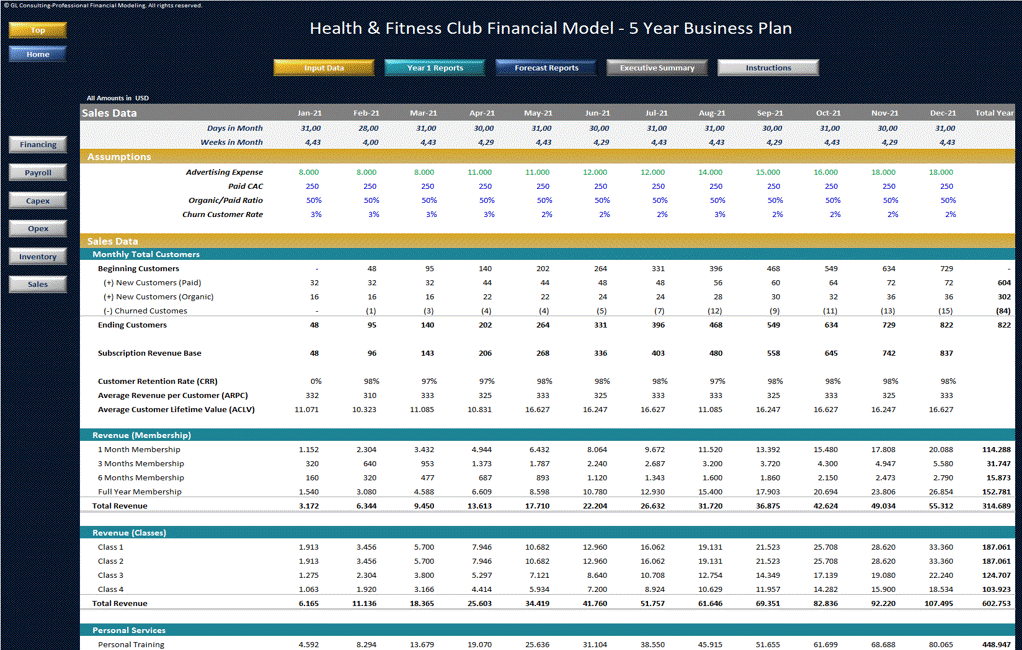Health & Fitness Club Financial Model - 5 Year Business Plan (Excel workbook (XLSX)) Preview Image