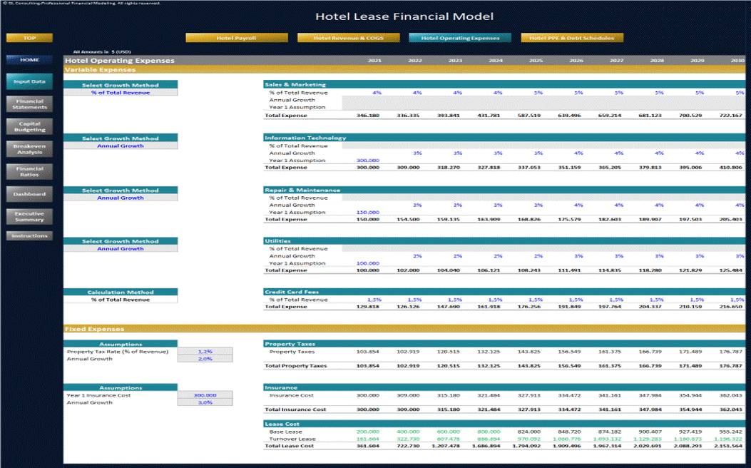 Hotel Lease Financial Model - 10 Year Forecast (Excel template (XLSX)) Preview Image