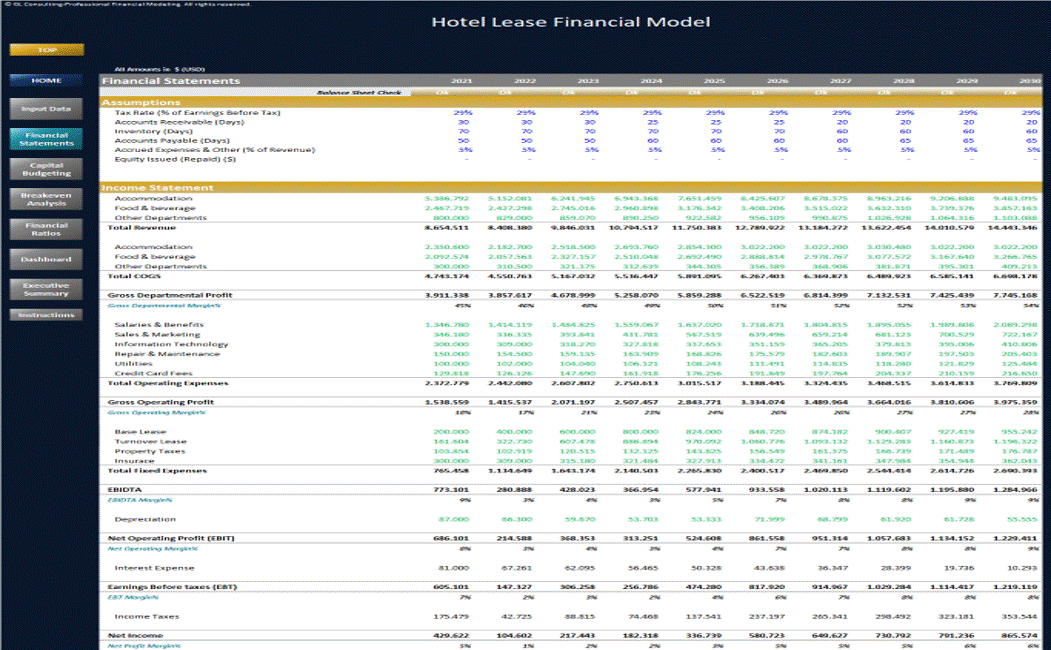 Hotel Lease Financial Model - 10 Year Forecast (Excel template (XLSX)) Preview Image