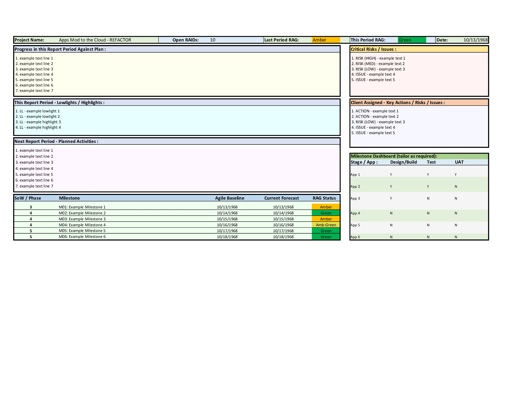 Status Report with Plan on a Page, RAIDs & Burn Down Chart (Excel template (XLSM)) Preview Image