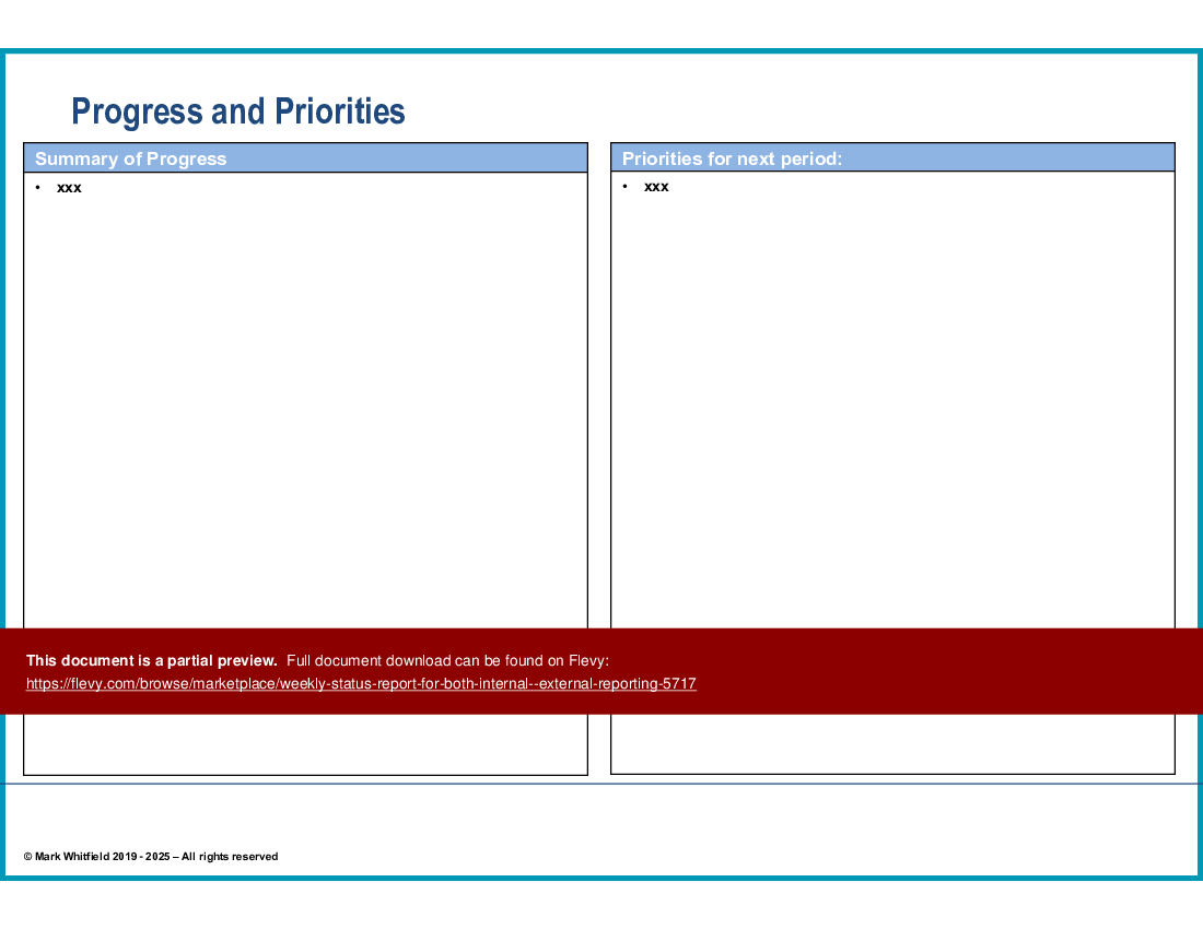 This is a partial preview of Weekly Status Report, Internal / External, Agile & Waterfall (15-slide PowerPoint presentation (PPTX)). Full document is 15 slides. 