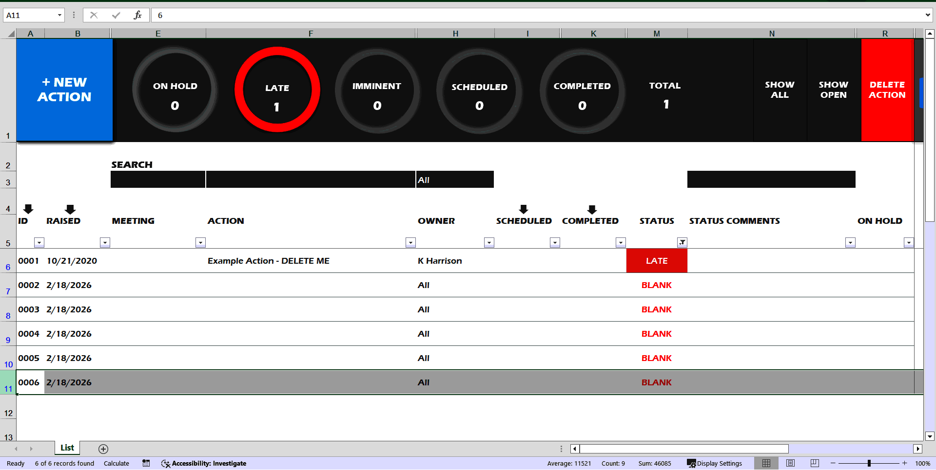 Action/Task Tracker Template (Excel template (XLSM)) Preview Image